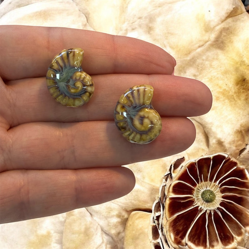 Handmade Ceramic Ammonite Beads – Set of 2, Golden Brown
