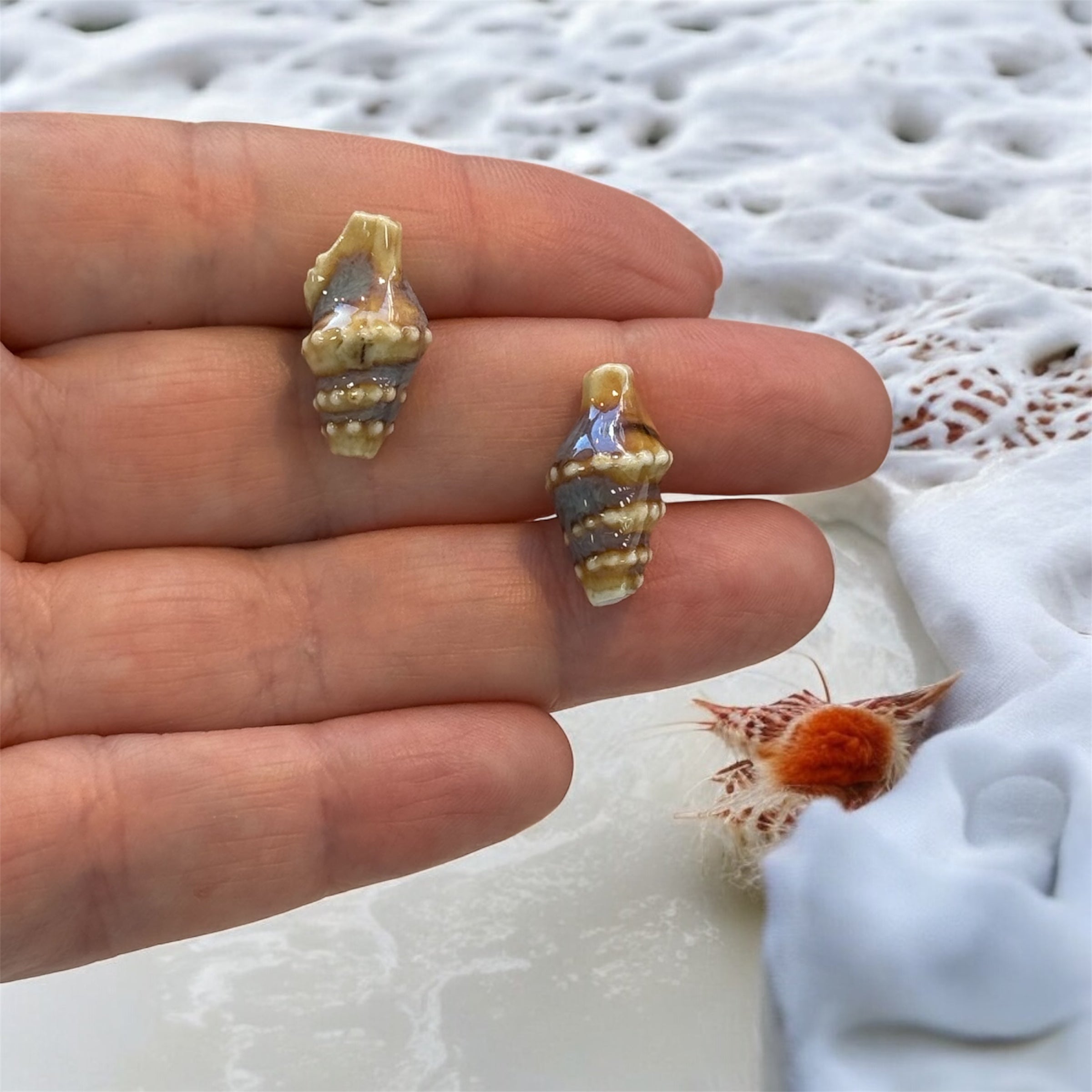 Handmade Ceramic Conch Shell Beads – Set of 2, Golden Brown Peppy Beads