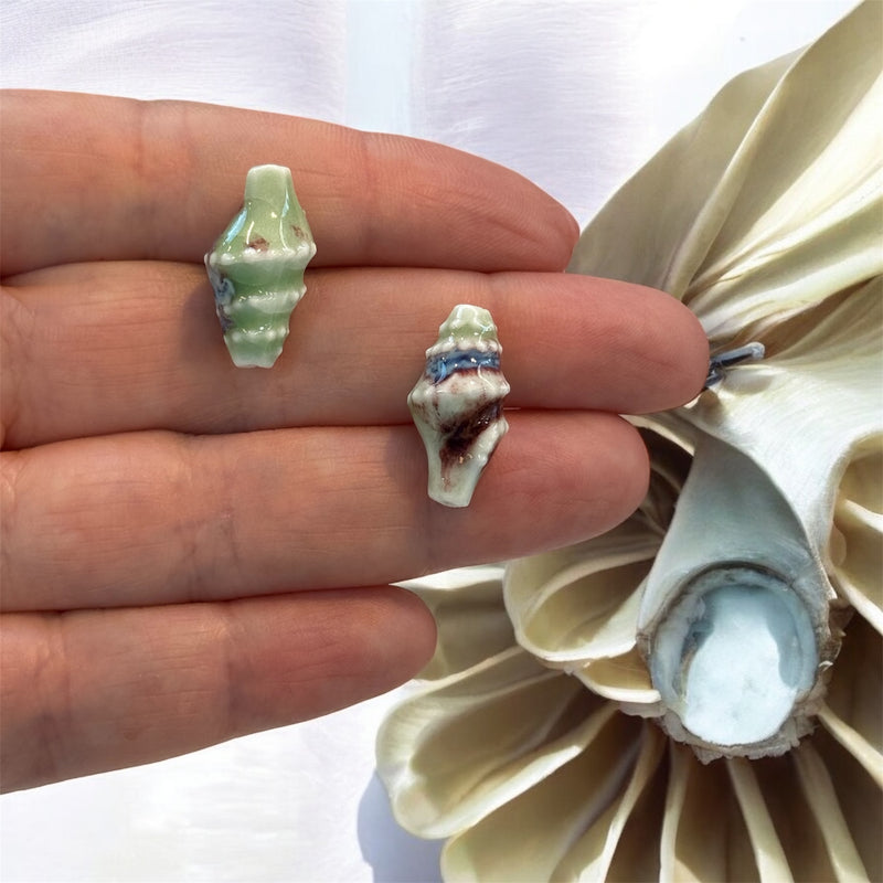 Handmade Ceramic Conch Shell Beads – Set of 2, Light Green