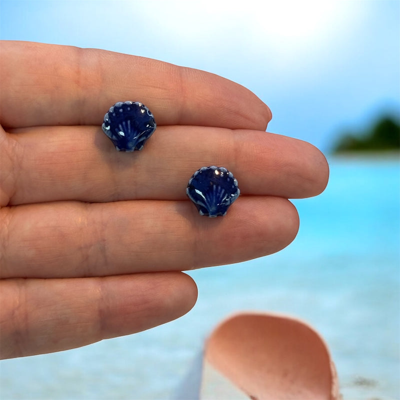 Handmade Ceramic Oyster Shell Beads – Set of 2, Navy Blue