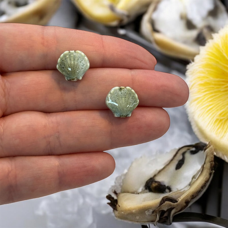 Handmade Ceramic Oyster Shell Beads – Set of 2, Light Green