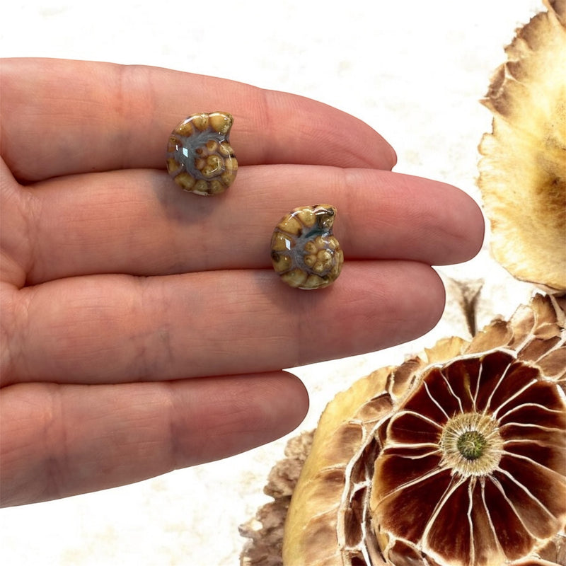 Handmade Ceramic Ammonite Beads – Set of 2, Golden Brown