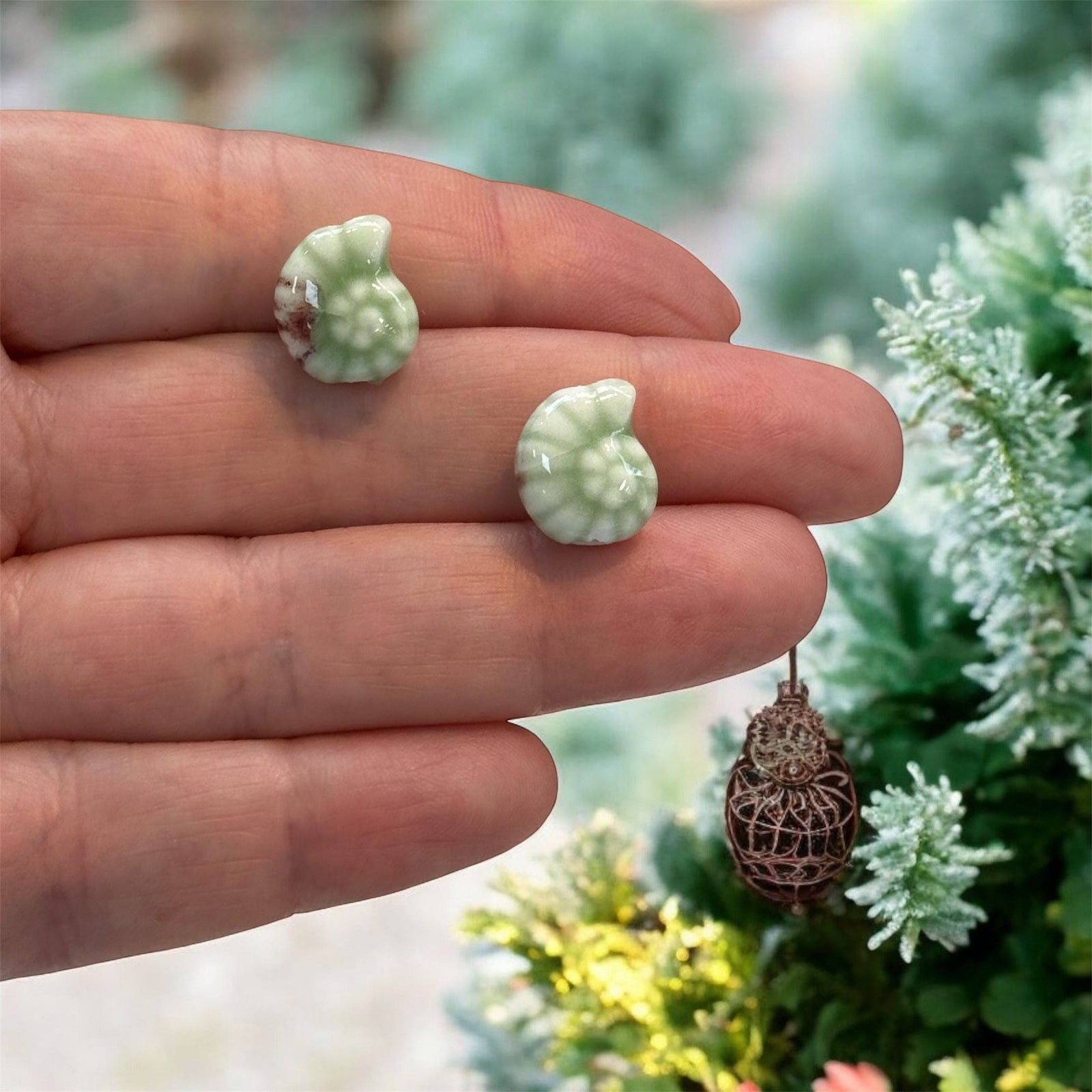 Handmade Ceramic Ammonite Beads – Set of 2, Light Green