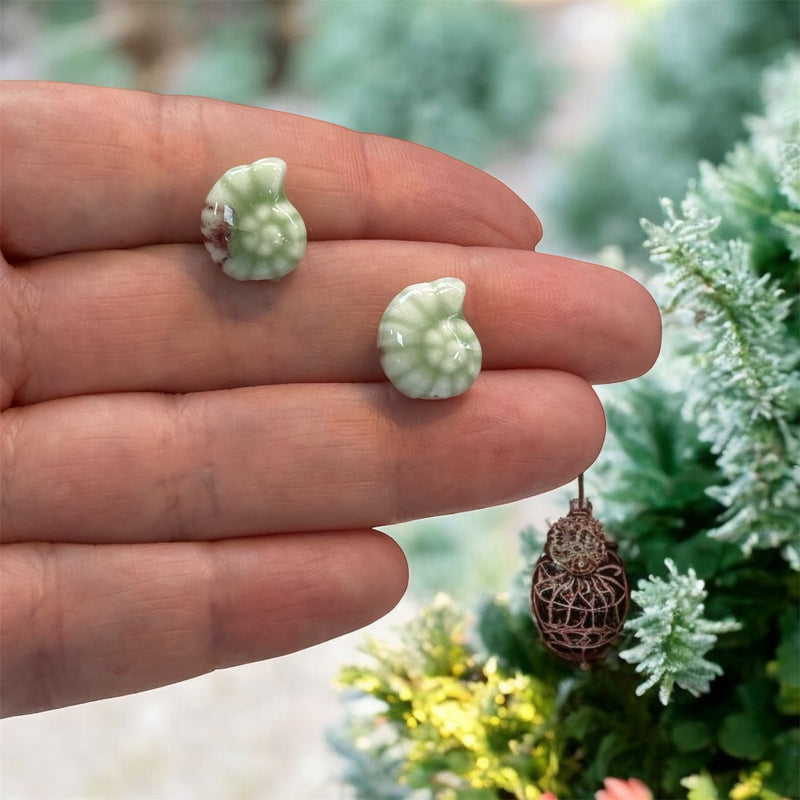 Handmade Ceramic Ammonite Beads – Set of 2, Light Green