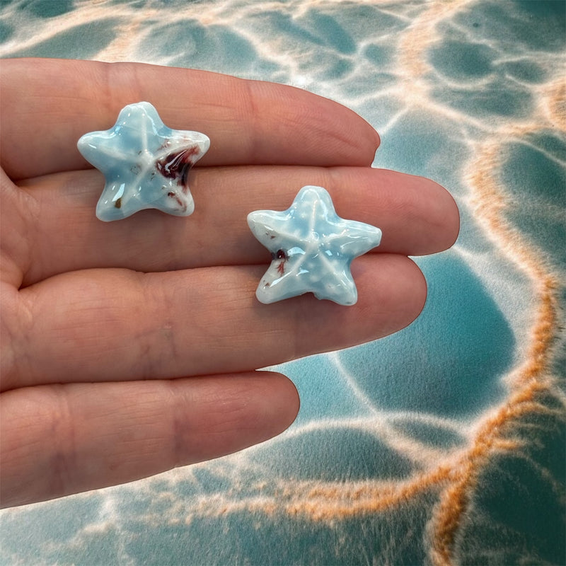 Handmade Ceramic Starfish Beads – Set of 2, Light Blue