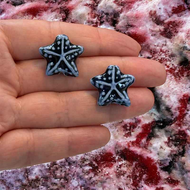 Handmade Ceramic Starfish Beads – Set of 2, Navy Blue