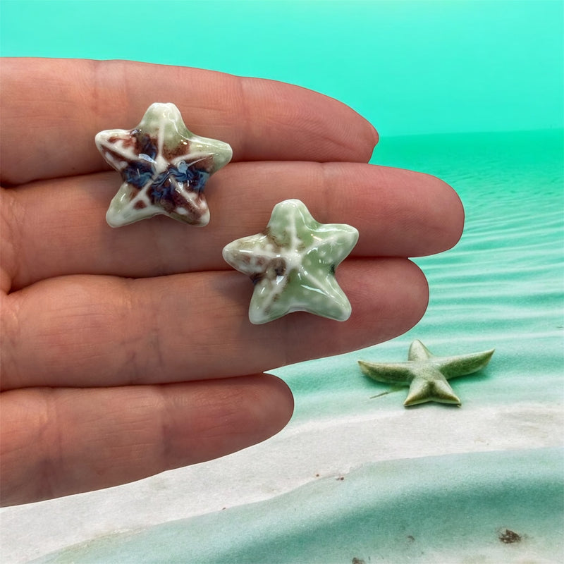 Handmade Ceramic Starfish Beads – Set of 2, Soft Green