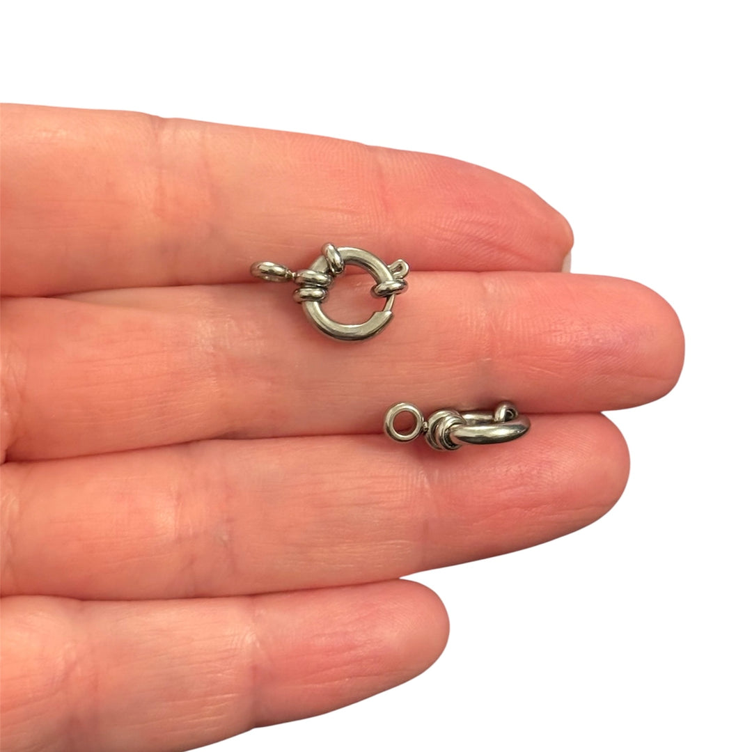 Waterproof Hypoallergenic Stainless Steel Ship Wheel Style Spring Ring Clasp – Silver, 10mm, Sold Individually