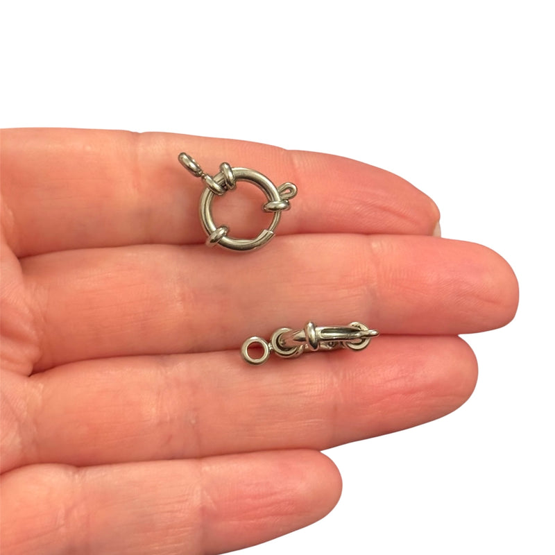Waterproof Hypoallergenic Stainless Steel Ship Wheel Style Spring Ring Clasp – Silver, 12mm, Sold Individually