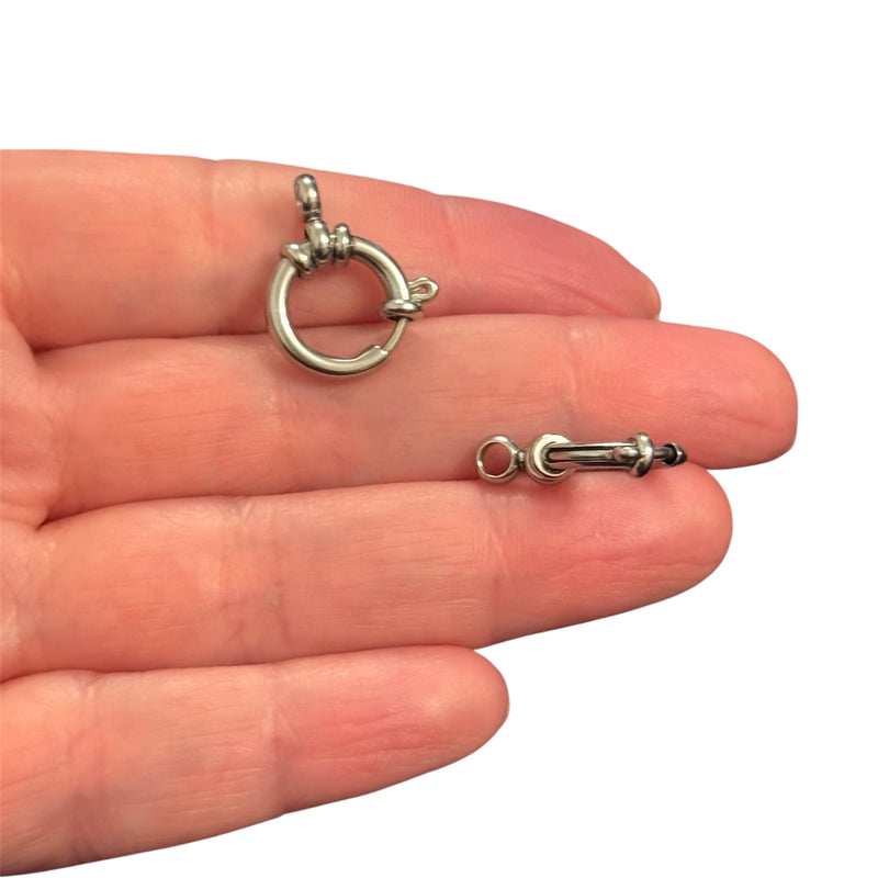 Waterproof Hypoallergenic Stainless Steel Ship Wheel Style Spring Ring Clasp – Silver, 14mm, Sold Individually