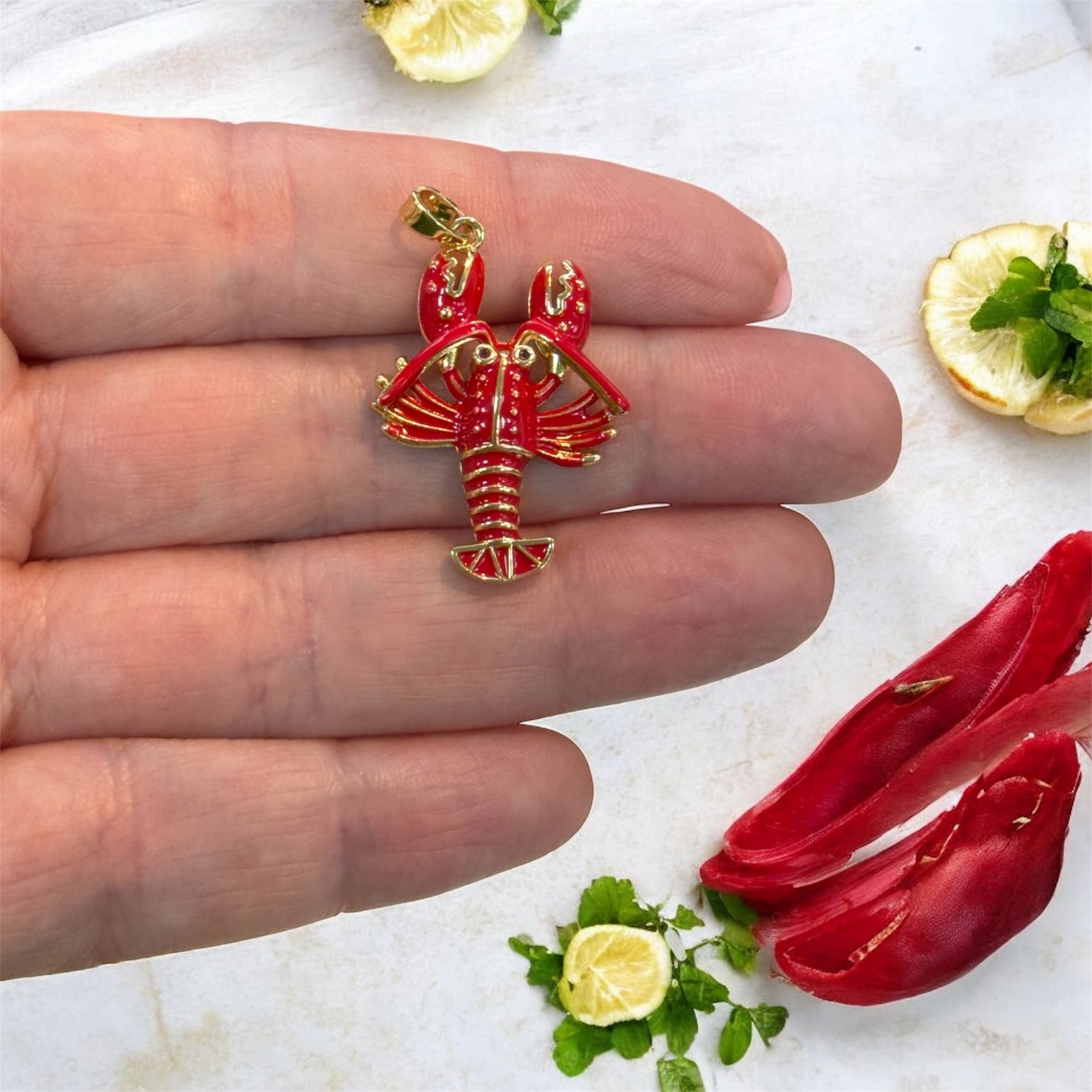Gold Red Enamel Lobster Charm Pendant – Detailed Nautical Design