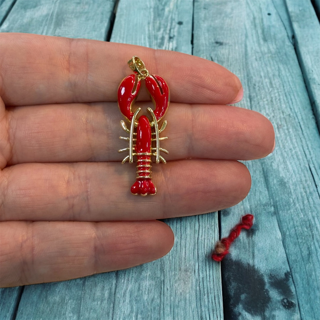 Gold Red Enamel Lobster Charm Pendant