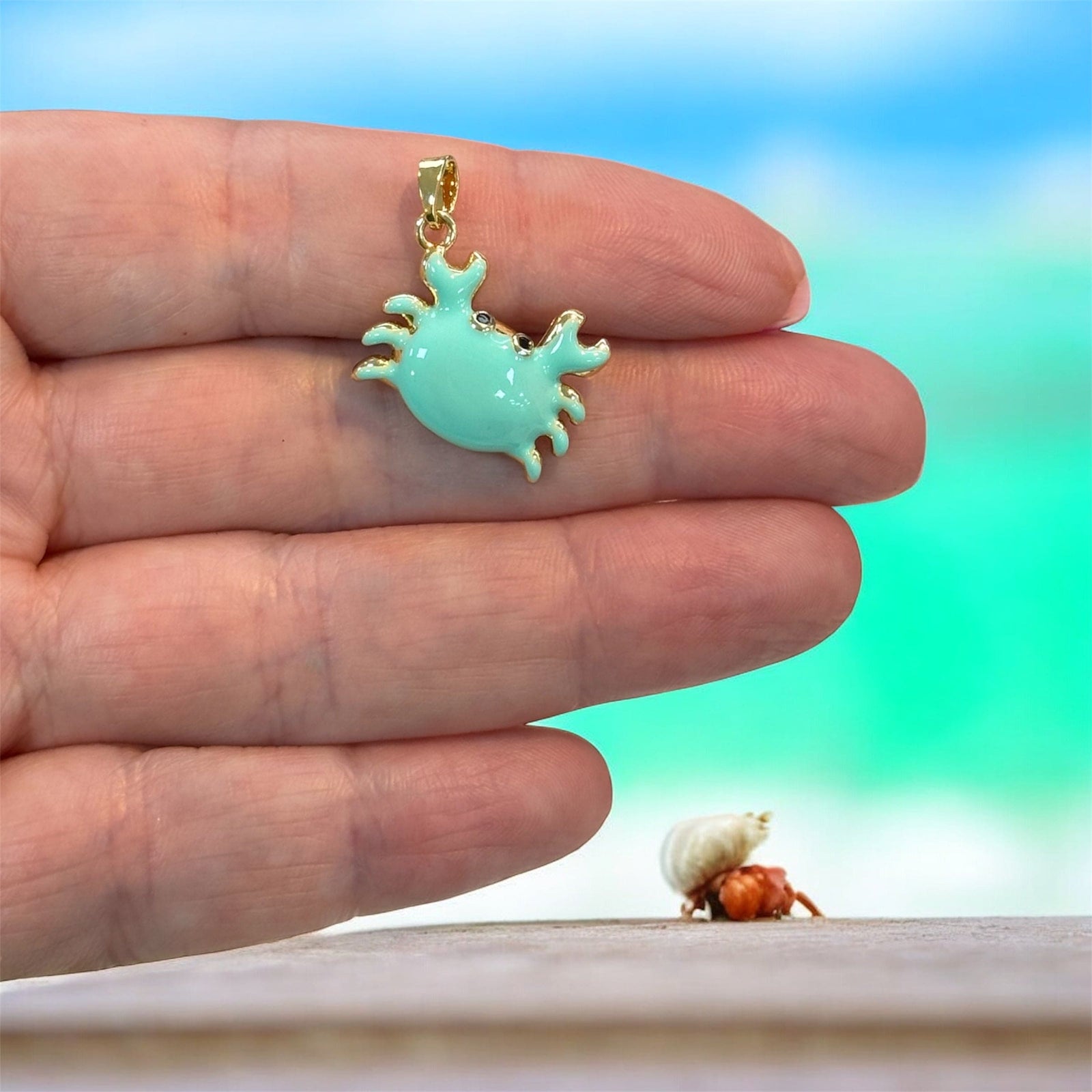 Gold Mint Enamel Crab Charm Pendant