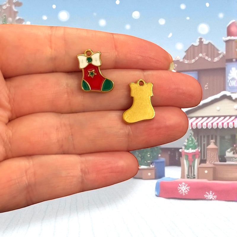 Waterproof Stainless Steel 24Kt Gold Plated Red Christmas Stocking Charm – 16x12mm