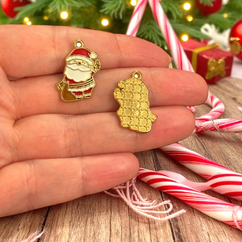 Waterproof Stainless Steel 24Kt Gold Plated Santa Charm – Red Enamel, 23x18mm  Description: