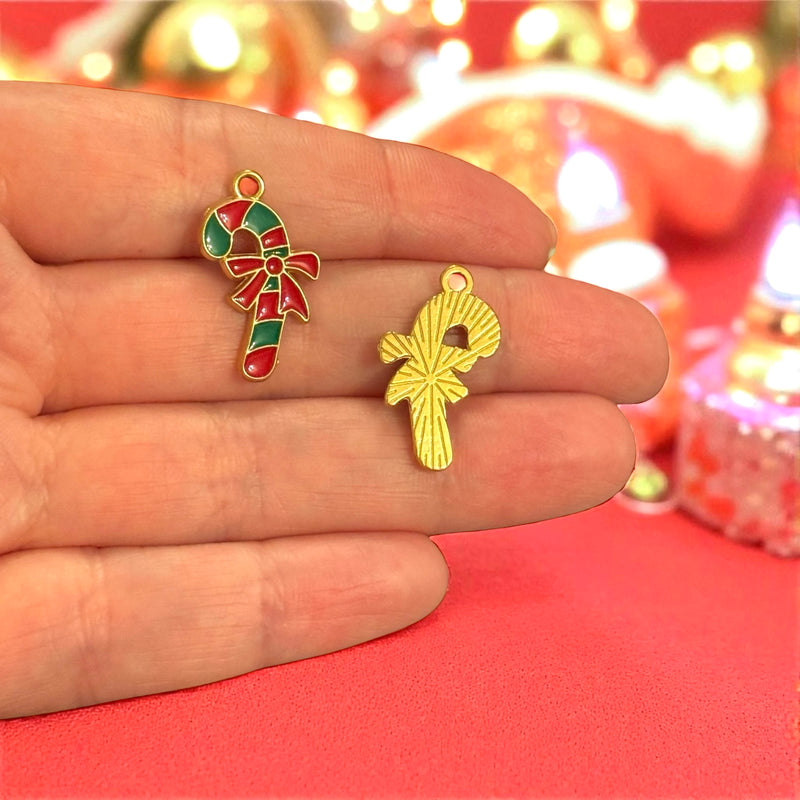 Waterproof Stainless Steel 24Kt Gold Plated Candy Cane Charm – Red & Green Enamel