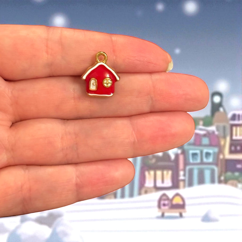 Waterproof Stainless Steel 24Kt Gold Plated Christmas Cottage Charm – 3D Red Enamel House