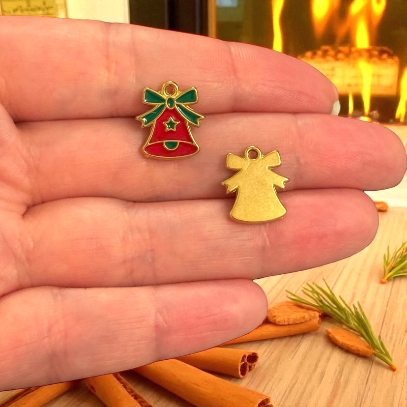 Waterproof Stainless Steel 24Kt Gold Plated Enamel Bell Charm – Red & Green – Sold Individually