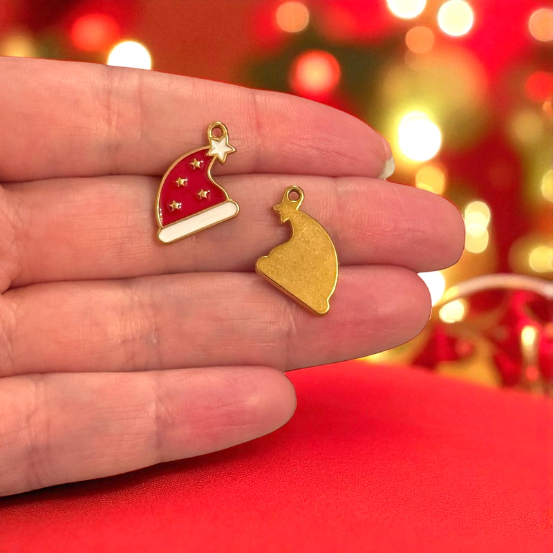 Waterproof Stainless Steel 24Kt Gold Plated Santa Hat Charm – Red Enamel, 16x13mm