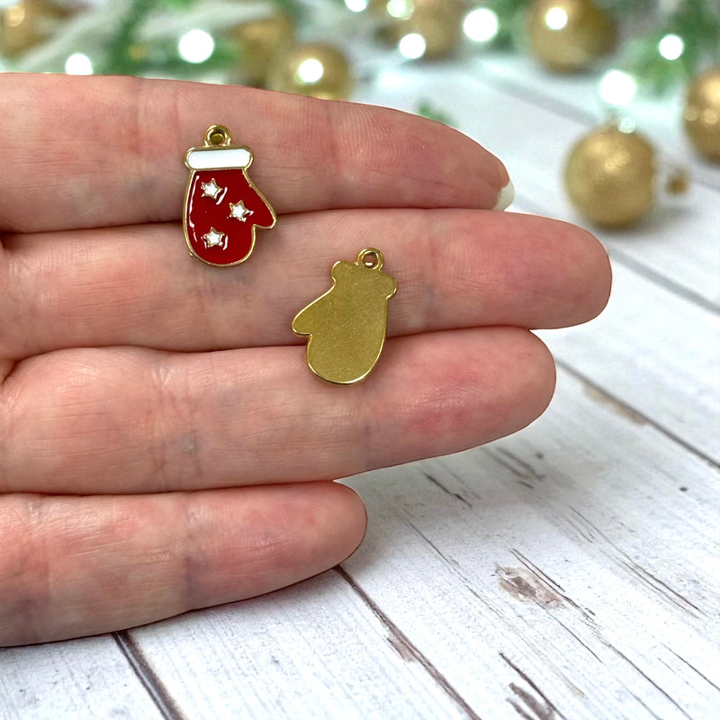 Waterproof 24Kt Gold Plated Stainless Steel Red Christmas Mitten Charm – 17x11mm