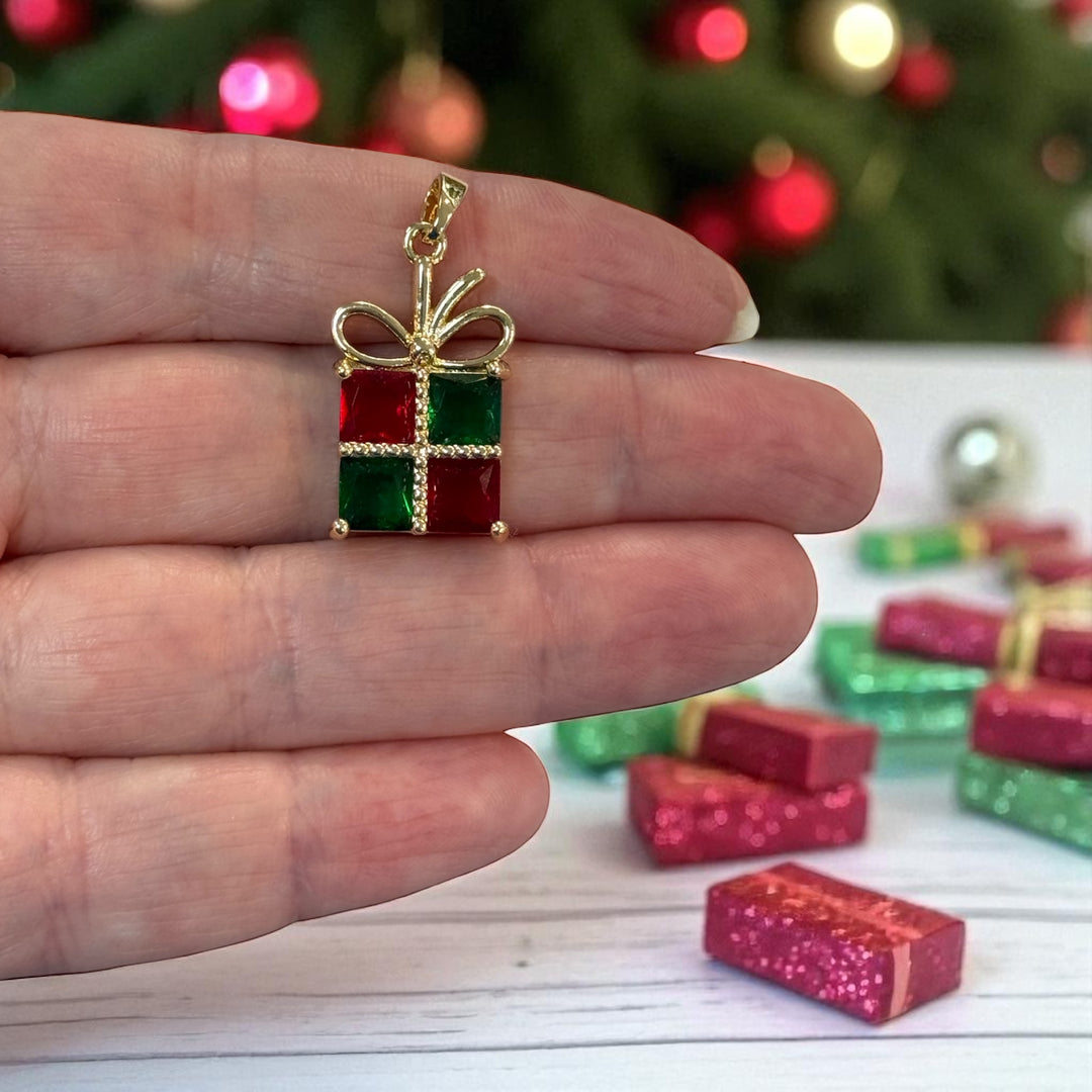 Waterproof Stainless Steel 24Kt Gold Plated Red Enamel Christmas Gift Box Charm with CZ – approx 27x15mm