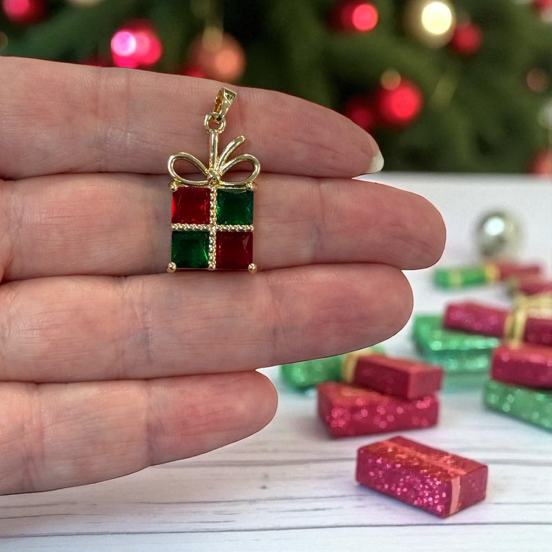 Waterproof Stainless Steel 24Kt Gold Plated Red Enamel Christmas Gift Box Charm with CZ – approx 27x15mm