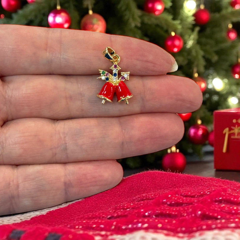 Waterproof Stainless Steel 24Kt Gold Plated Red Enamel Christmas Bell Charm with CZ – approx 20x13mm