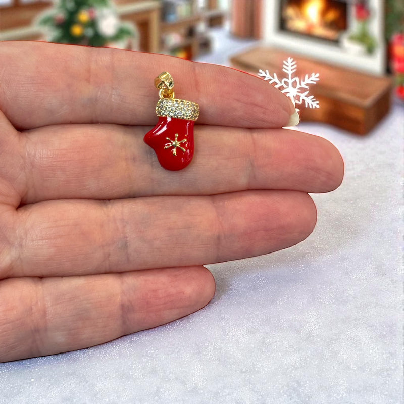 Waterproof Stainless Steel 24Kt Gold Plated Red Enamel Christmas Mitten Charm with CZ – approx 20x11mm