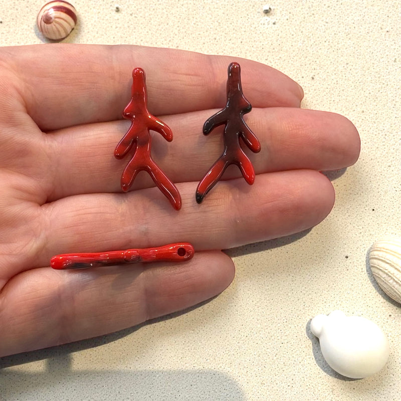 Red Acrylic Coral Branch Charms – Set of 10, 30x14mm, 2mm Hole