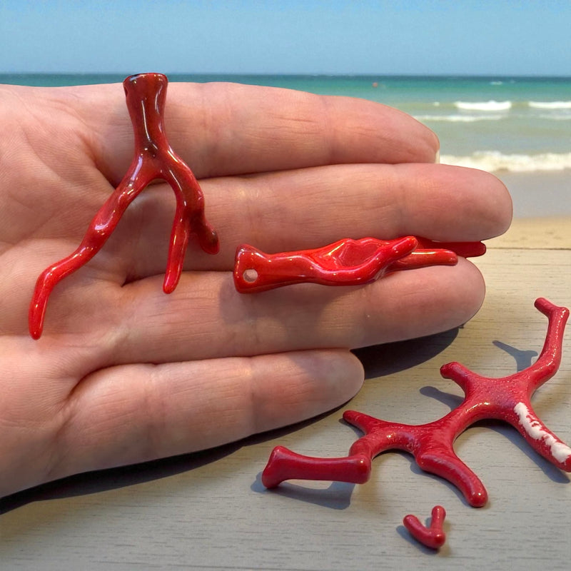 Large Red Acrylic Coral Branch Charms – Set of 5, 50x33mm, 2mm Hole