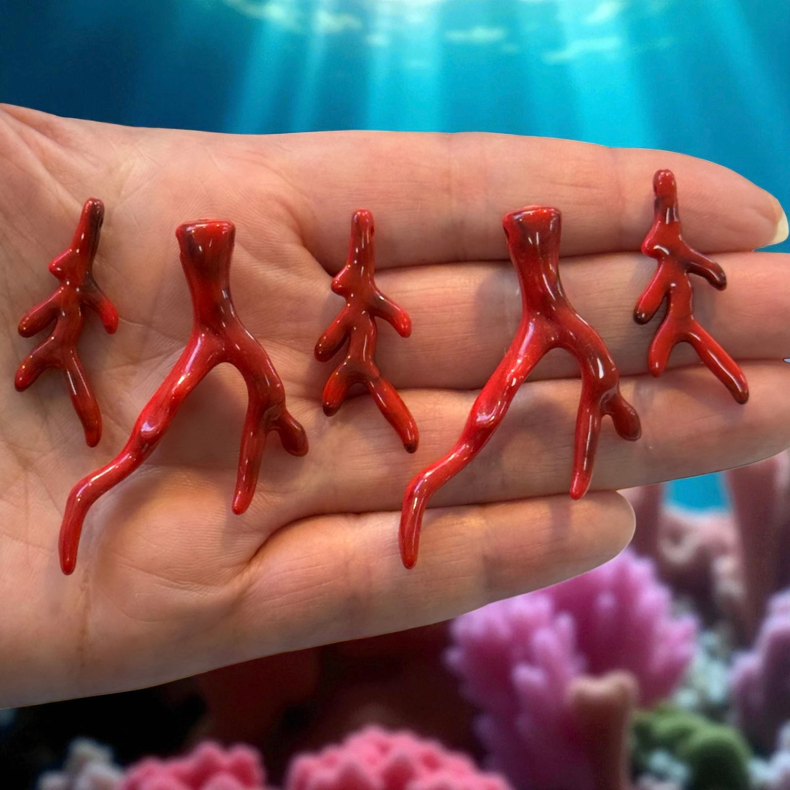 Red Acrylic Coral Branch Charms – Mixed Set of 5 (2 Large + 3 Small)