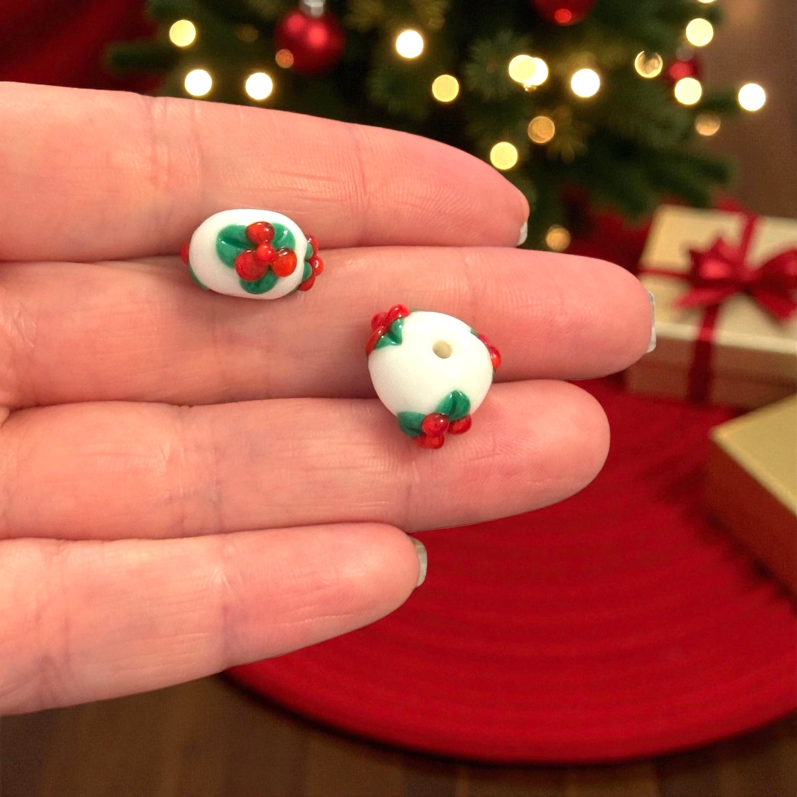 Handmade Murano Glass Holly Berry Charms – White Red Green Lampwork Bead Pair 15x10mm, Christmas Jewellery Making, Festive Bead Set
