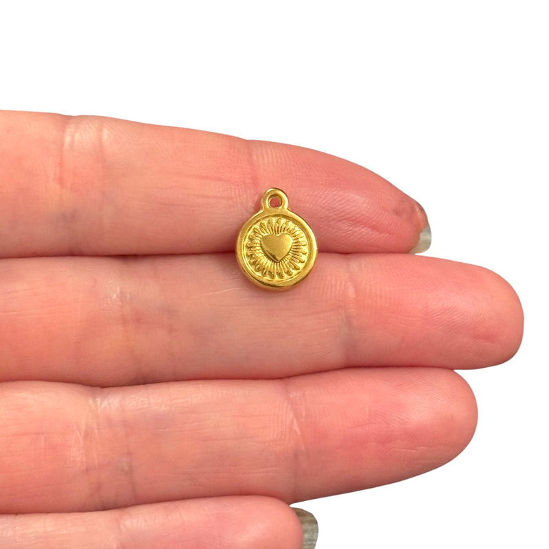 Waterproof Stainless Steel 24Kt Gold Plated Heart Medallion Charm – Double-Sided