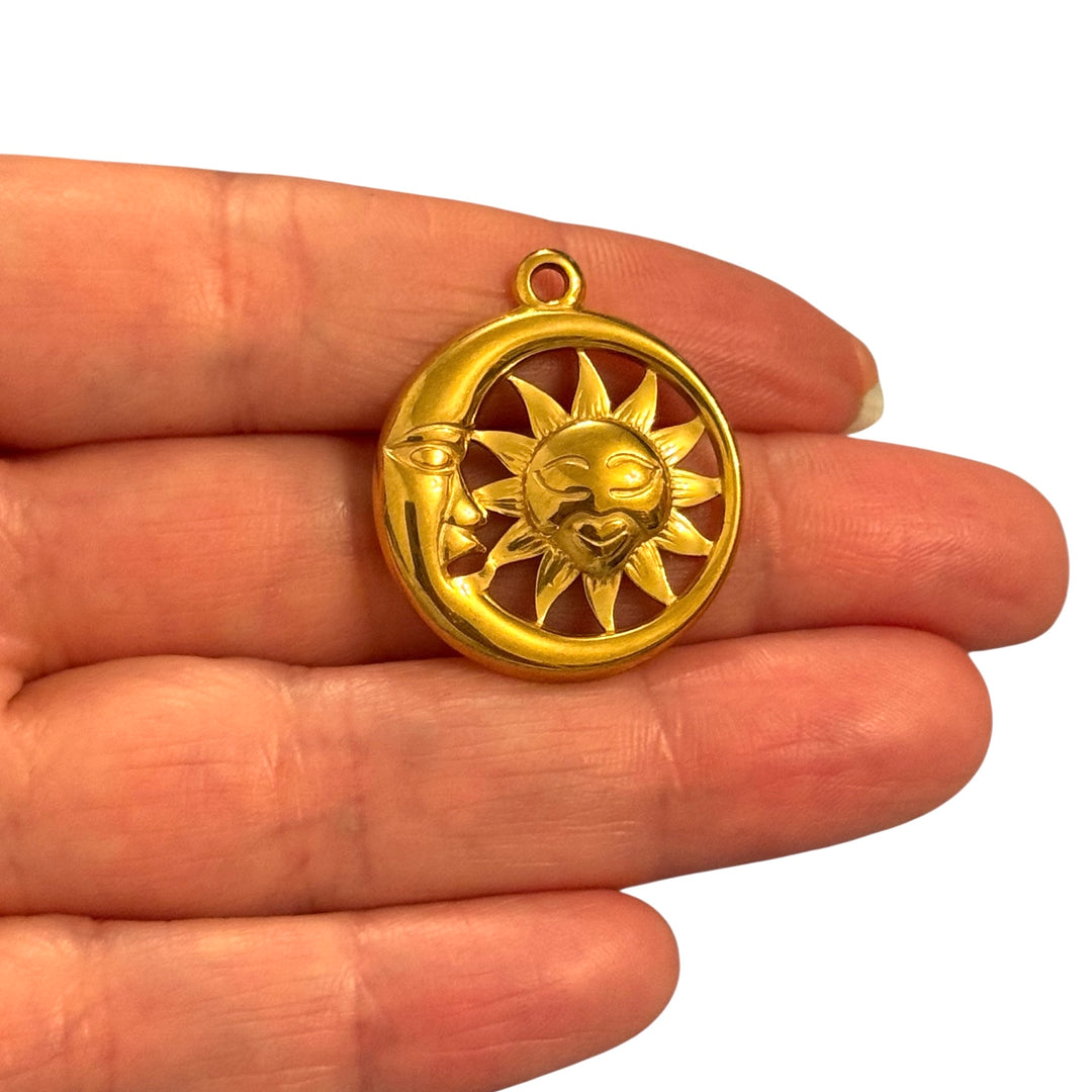 Waterproof Stainless Steel 24Kt Gold Plated Sun &amp; Moon Pendant – Large Celestial Charm
