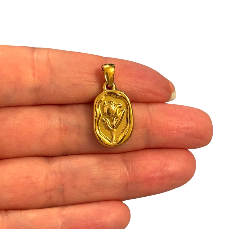 Waterproof Stainless Steel 24Kt Gold Plated Tulip Pendant – Organic Frame with Large Bail