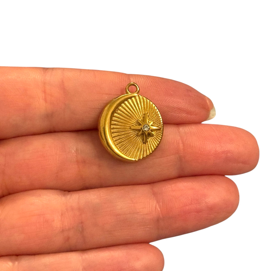 Waterproof Stainless Steel 24Kt Gold Plated Crescent Moon &amp; Star Charm with CZ