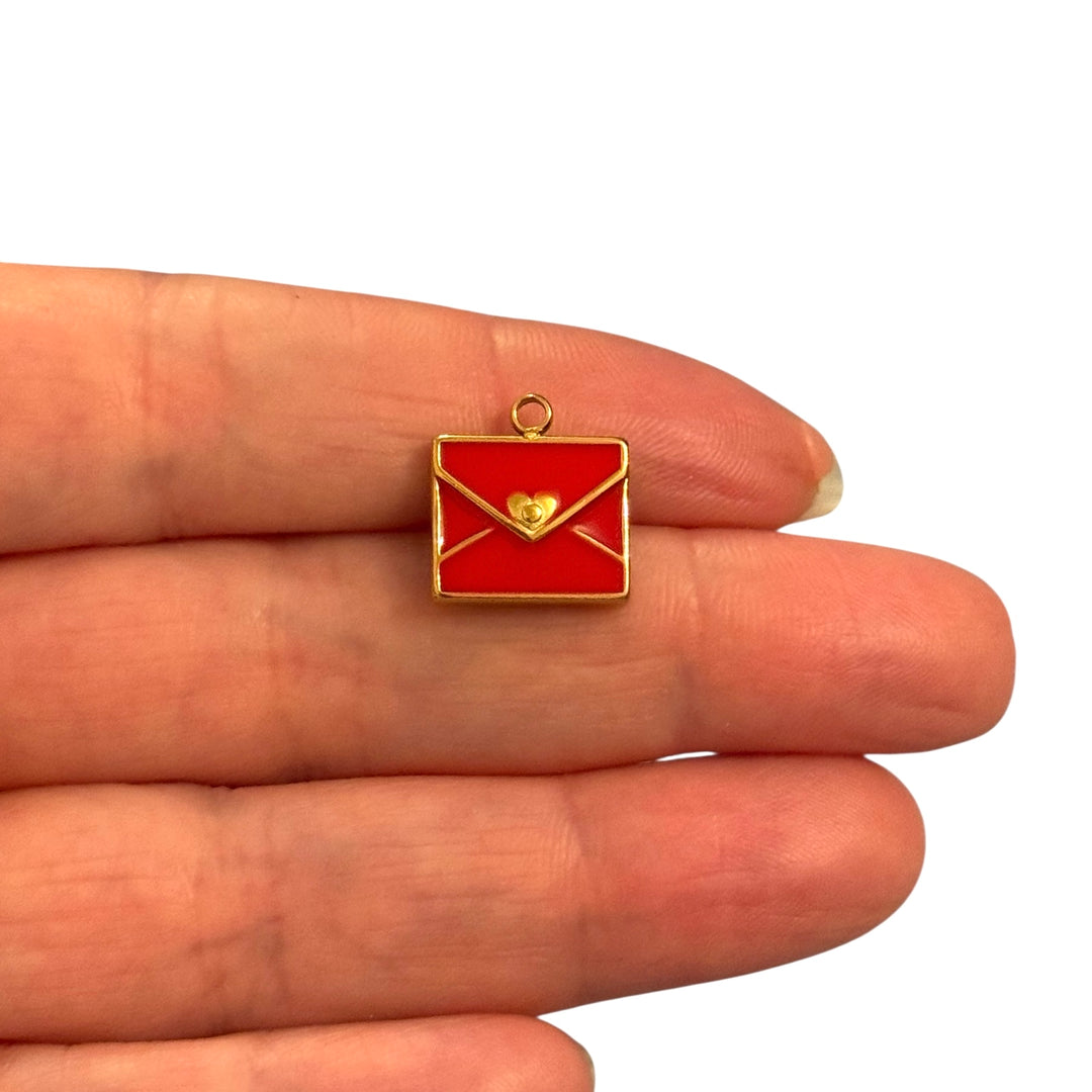 Waterproof Stainless Steel 24Kt Gold Plated Red Enamel Love Letter Pendant – Heart Envelope Charm