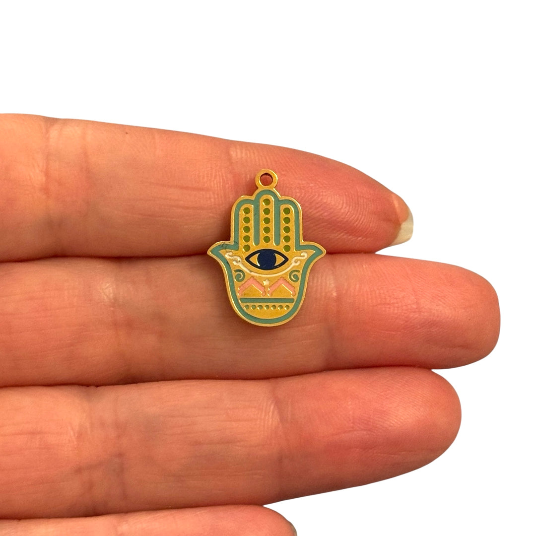 Waterproof Stainless Steel 24Kt Gold Plated Enamel Hamsa Hand Pendant – Evil Eye Protection Charm