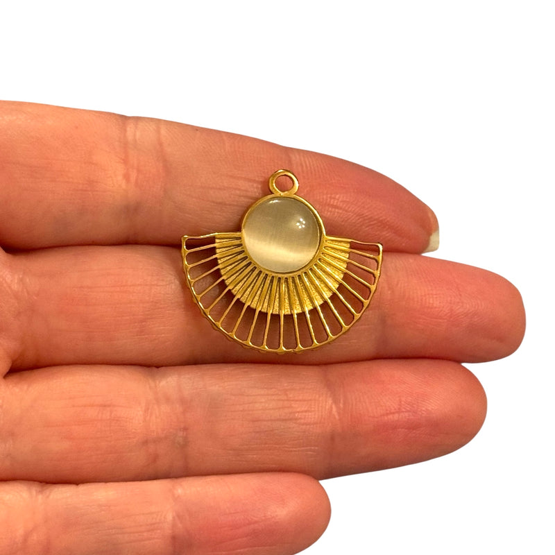 Waterproof Stainless Steel 24Kt Gold Plated Half Sun Pendant with Cat-Eye Stone – Radiant Openwork Charm for Necklaces & Earrings