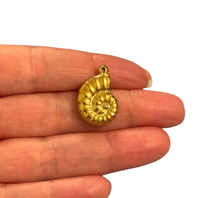 Waterproof Stainless Steel 24Kt Gold Plated 3D Ammonite Shell Charm – Spiral Fossil Pendant