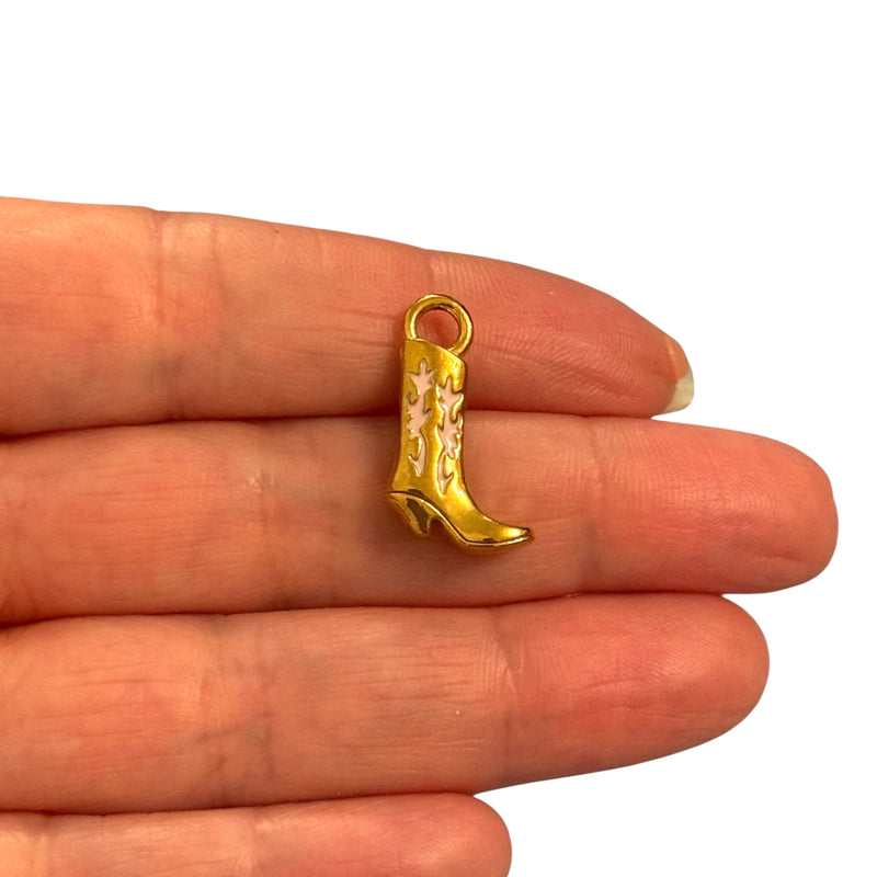 Waterproof Stainless Steel 24Kt Gold Plated 3D Cowboy Boot Charm – Pink Enamel Western Charm