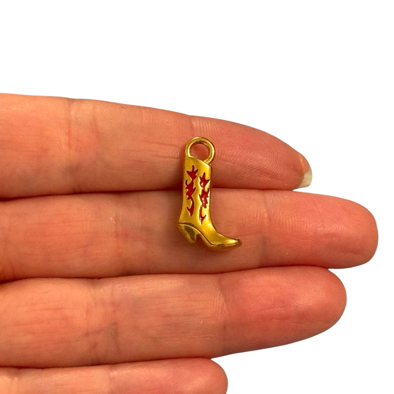 Waterproof Stainless Steel 24Kt Gold Plated 3D Cowboy Boot Enamel Charm – Red