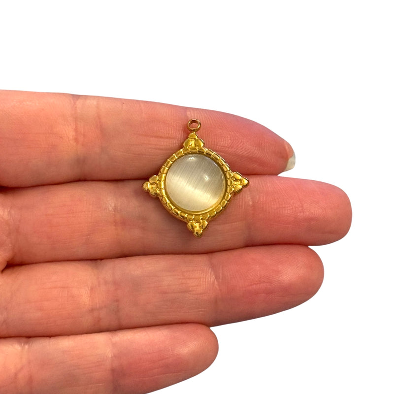 Waterproof Stainless Steel Gold Plated Square Cat Eye Pendant – White Cabochon Charm