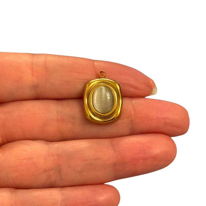 Waterproof Stainless Steel 24Kt Gold Plated Oval Cat Eye Pendant – White Cabochon Charm
