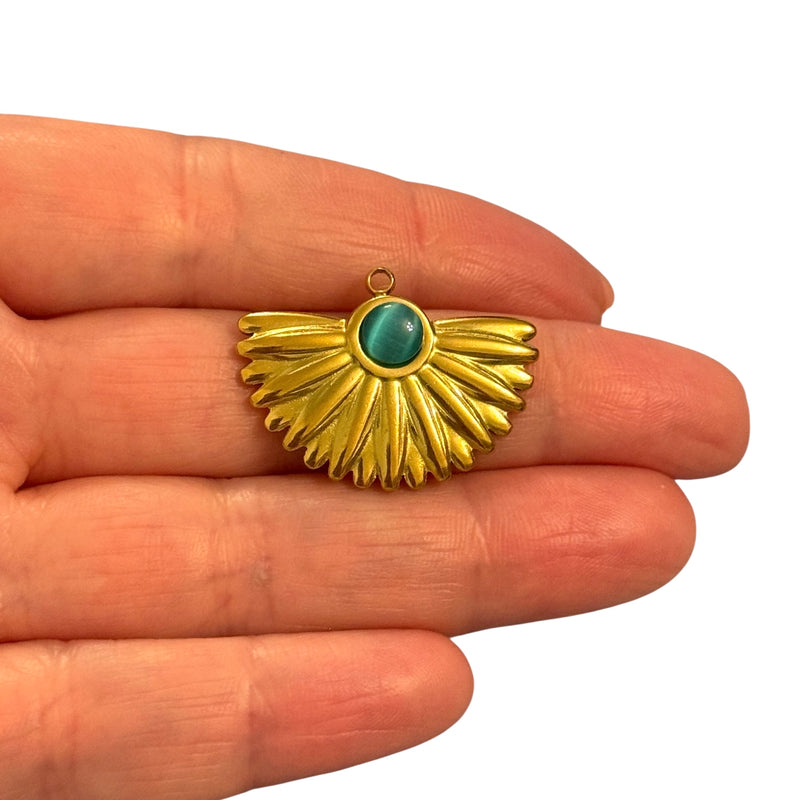 Waterproof Stainless Steel 24Kt Gold Plated Sunburst Fan Pendant with Aqua Cat Eye Cabochon