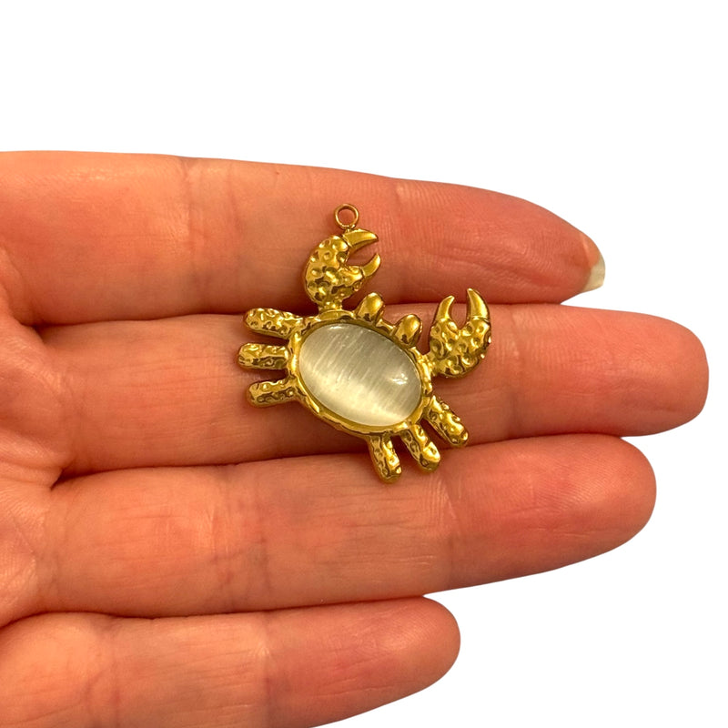 Waterproof Stainless Steel 24Kt Gold Plated Crab Pendant with Mother-of-Pearl Style Centre