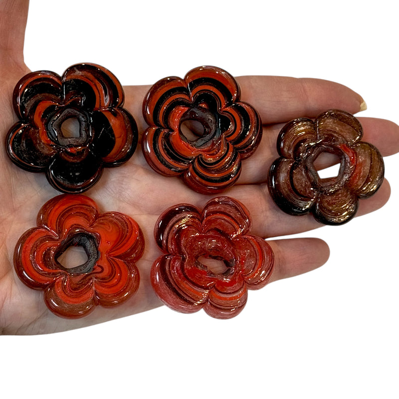 Artisan Handmade Grobstämmige Blumenperlen aus marmoriertem Glas, Größe zwischen 35 - 40 mm, 5 Stück in einer Packung