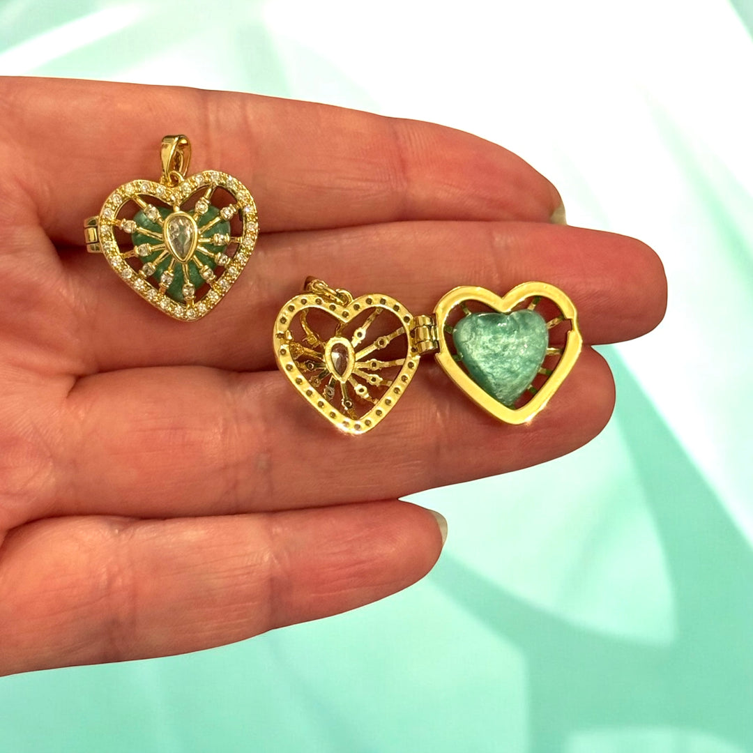 Heartburst Hinged Locket Charm – Gold-Plated Heart Pendant with CZ (24×20mm)