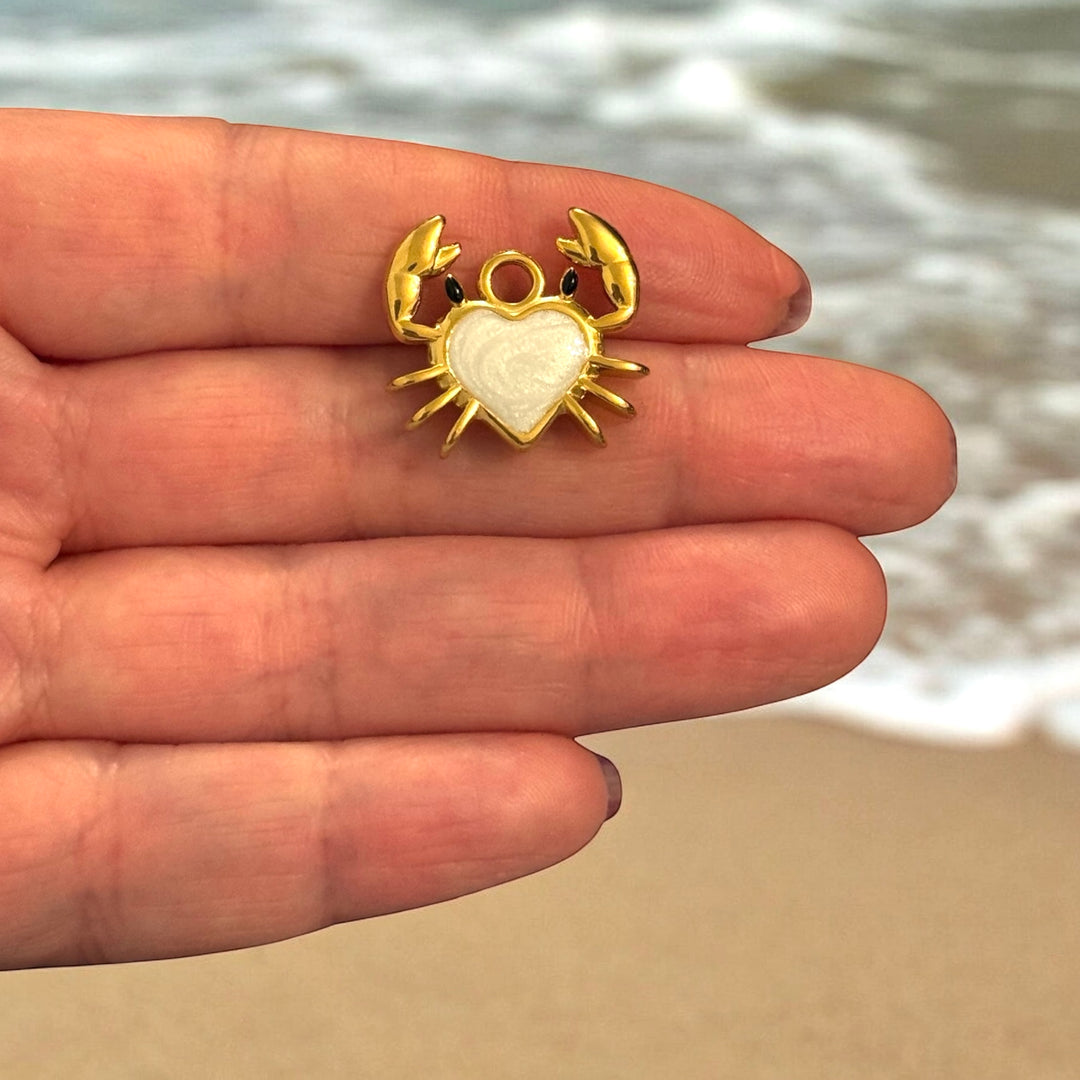 Waterproof 24K Gold Plated 316L Stainless Steel Enamel Crab Heart Charm – Flat Back