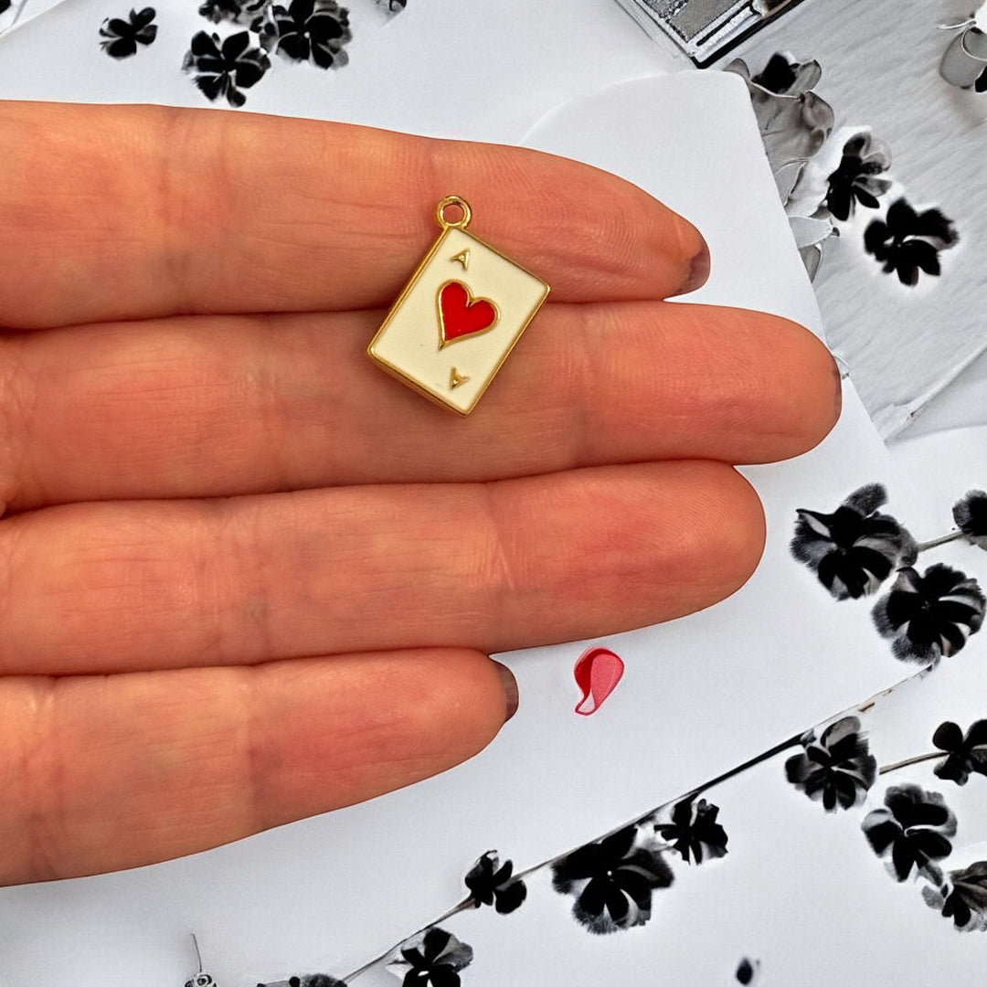 Waterproof 24K Gold Plated 316L Stainless Steel Enamel Ace of Hearts Charm – Flat Back